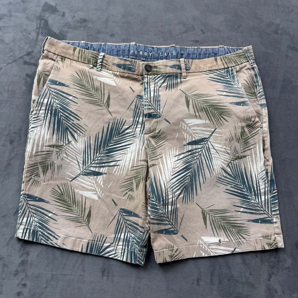 Perry Ellis Mens Tan Palm Leaf Tropical Print Stretch Shorts Size 42